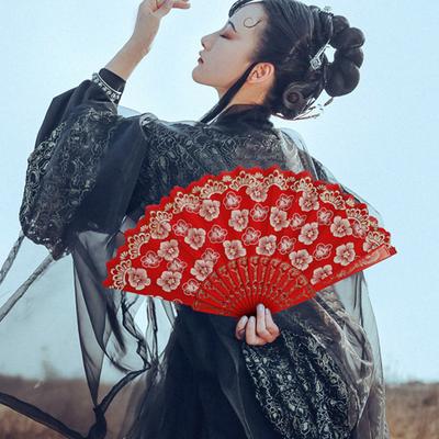Retro Lace Folding Fan Portable Lightweight Chinese Dance Handheld Fan Cherry Blossom Pattern Elegant Women's Fan with Tassel for Dance