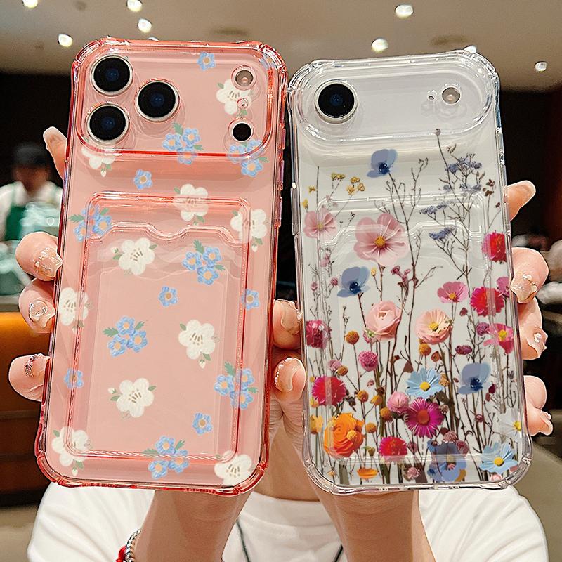 Insert the Card Small Flowers Pattern Case For iPhone 16 Pro Max Funda iPhone 17 Air 15 14 13 12 Pro Max 11 Silicone Cover