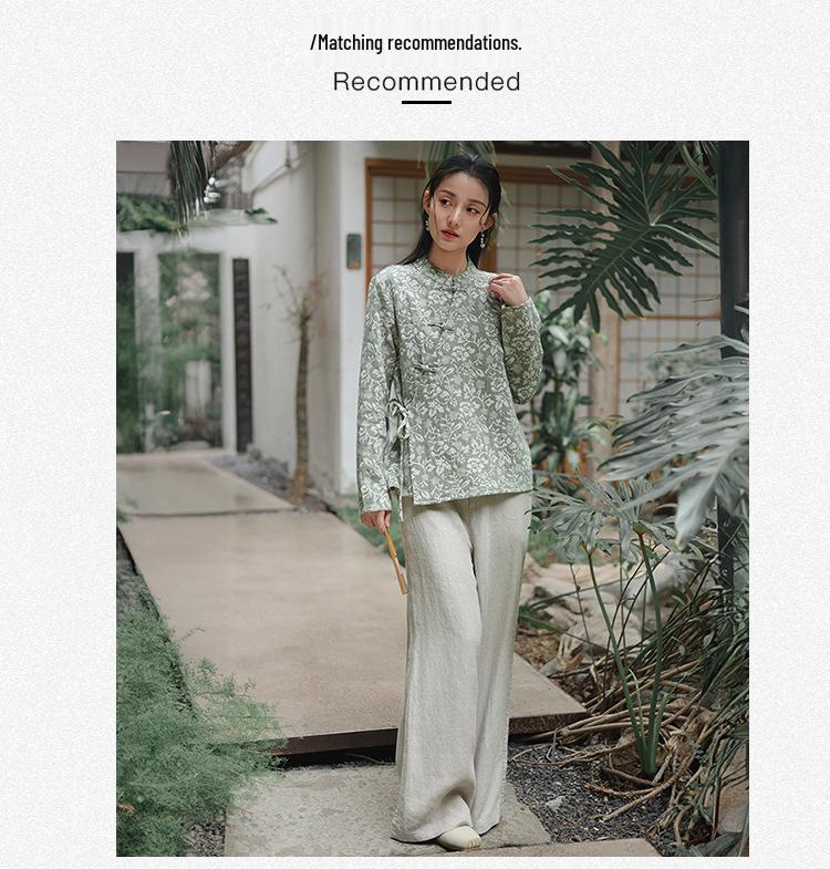 Deer and Andi 2026 Spring Women's Retro Printed Chinese-Style Oblique Lapel Tie-Up Top