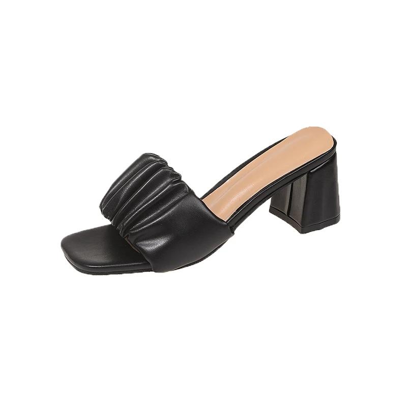 Fashion Shoes Female 2025 Open Toe Women's Slippers Fashion Dress Slippers Women Square Toe Pleated High Heels Plus Size Modern Sandals