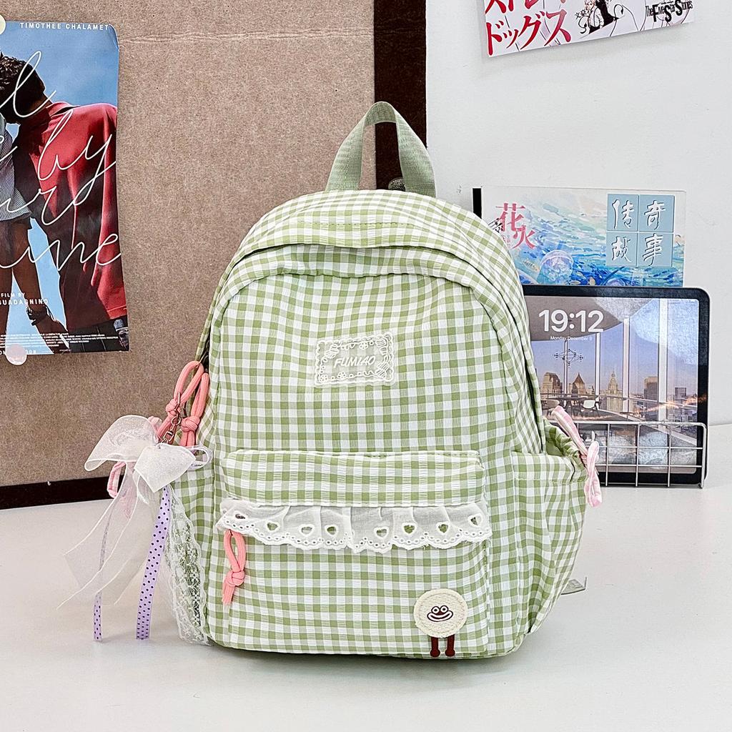 Schoolbag New Summer Lace Plaid Girl Children's Travel Backpack Primary School Bag Women's Spring Picnic Small Backpack