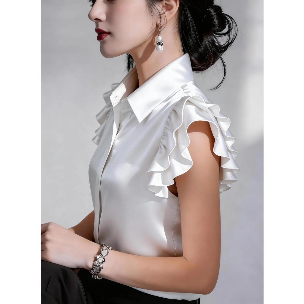 Summer new satin ruffle edge short-sleeved women's solid color casual shirt