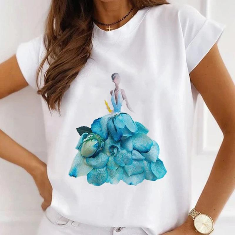 Módní kreativní 3D Rose Flower Grafika Dámské Tričko Letní halenka 90S Volný Trička s krátkým rukávem Bílý výstřih do O Dámské topy Oblečení