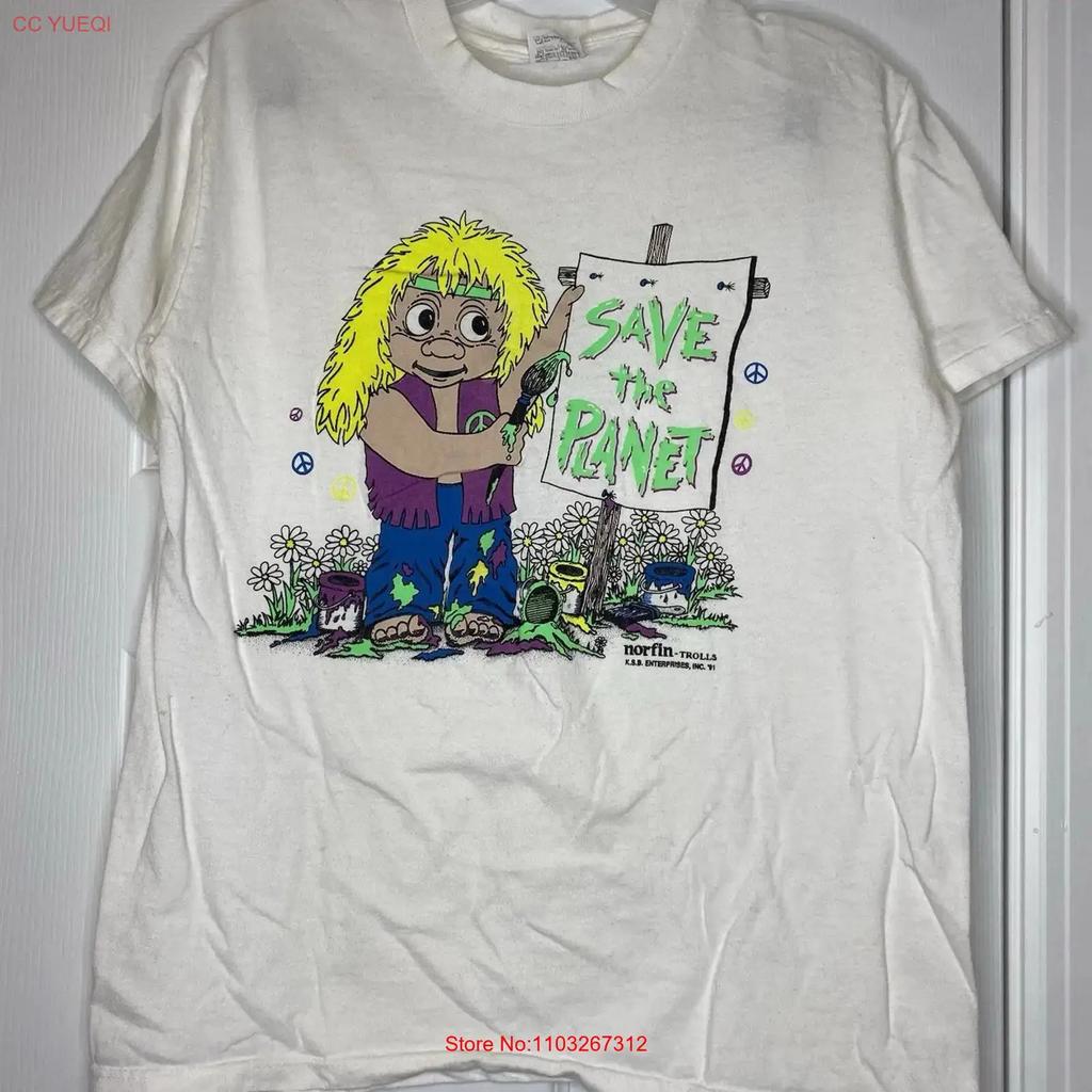 1992 Norfin Trolls Vintage Save The Planet Hippie T Shirt White Size Medium Vintage Breathable Top For Everyday Wear