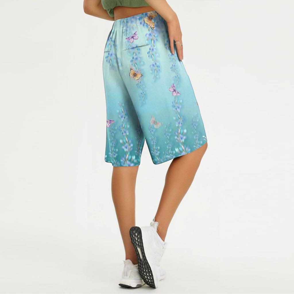 Women's Summer Fashion Retro Floral Polka Dot Print Knee Length Lightweight Elastic Waist Casual Pocket Shorts