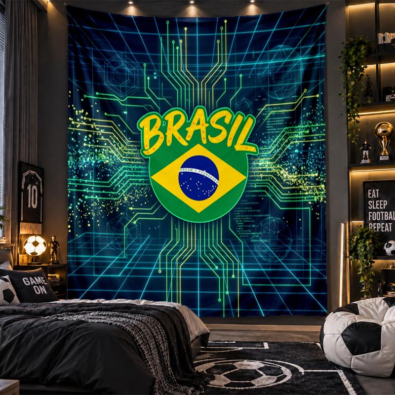 Wall Hanging Tapestry Brazil Football Print Cloth for Living Room Bedroom Home Decor