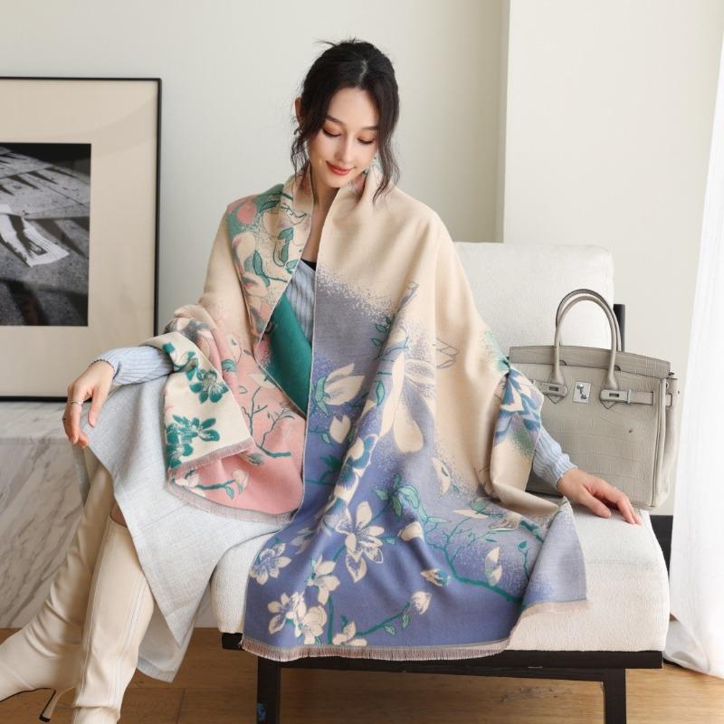 Gradual change flower imitation cashmere scarf women's high sense double-sided jacquard shawl retro scarf