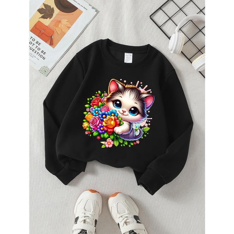 European sizes Girls Soft Crewneck Sweatshirt Cute Kitten Holding Colorful Flower Bouquet Print, Casual All-Match, Ideal Holiday Present