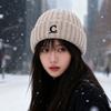 Warm Knitted Wool Hat for Men and Women Korean Version C Letter Embroidered Melon Leather Hat Showing Face with Little Couple Cold Hat Trend
