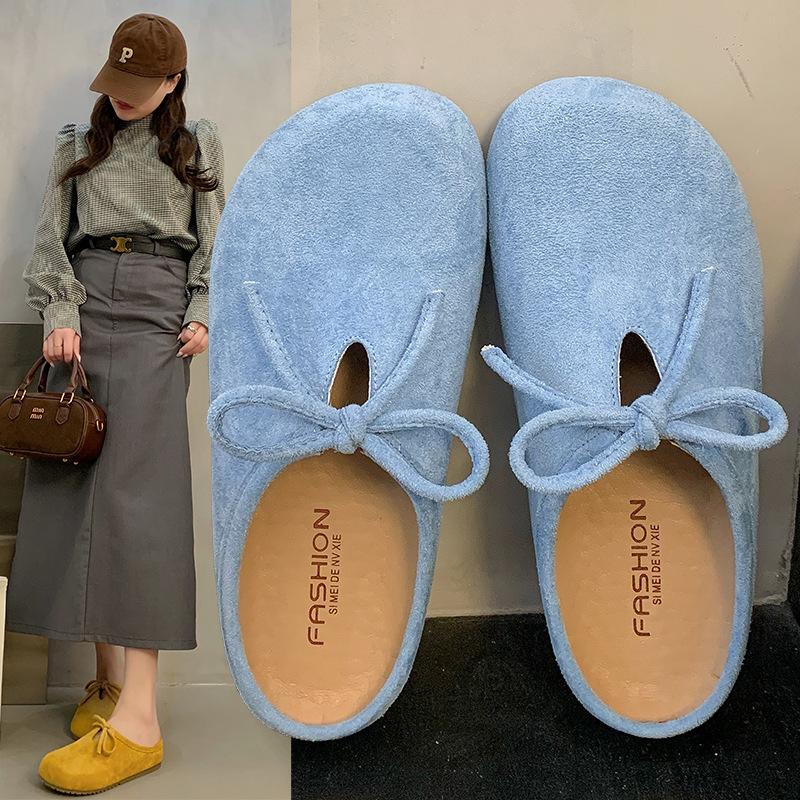 Retro and versatile 2025 autumn new bow one-pedal soft-soled half-slippers flat-bottomed Boken bag head slippers women