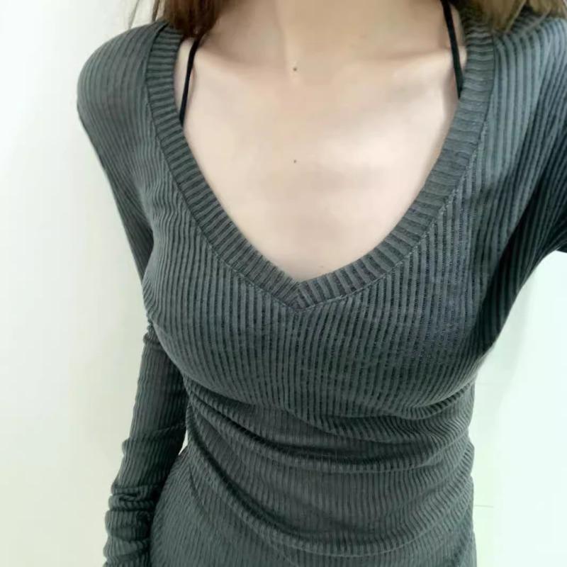 Light and ripe wind collar Thin slightly transparent long-sleeved women's spring and summer slim-fit sunscreen blouse Spice girl knitted top