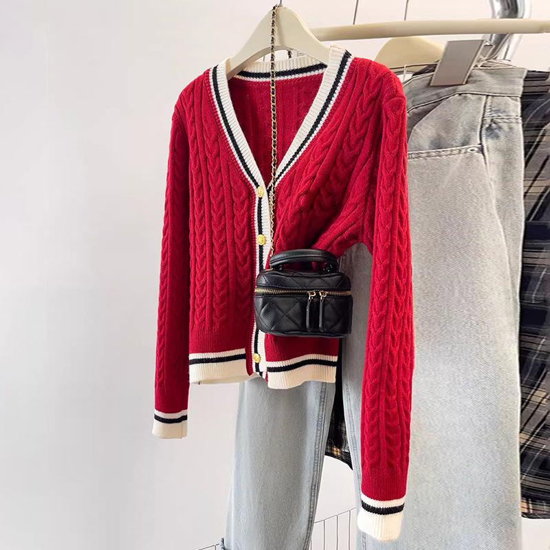 College Style V-Neck Color Block Wool Cardigan Women's Slimming Cable Knit Sweater Coat