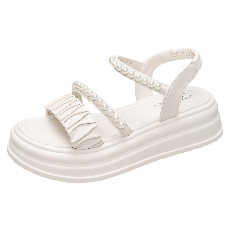 Taoffen Casual Sandals For Women Breathable Exposed Toes Pearl Sandals Lightweight Soft Elastic Band Thick Sole Height Increasing Shoes