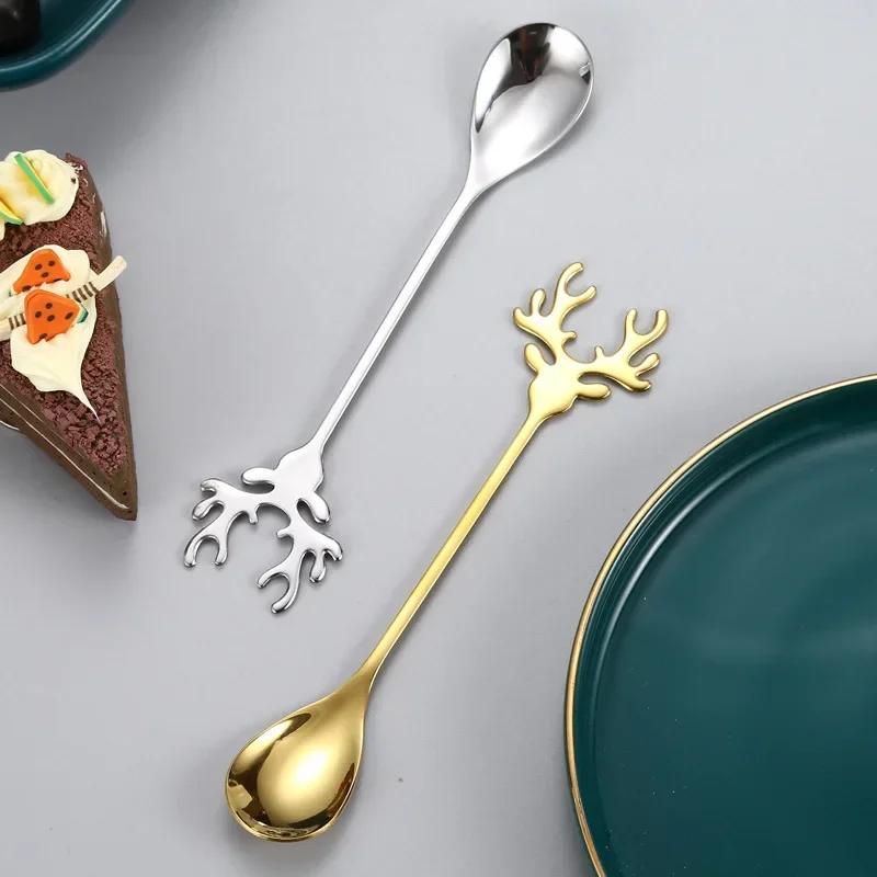 Creative Shape Spoon Antlers Shape Stainless Steel Coffee Dessert Spoon Ice Christmas Antlers Tea Tiny Stirring Tool Accessories