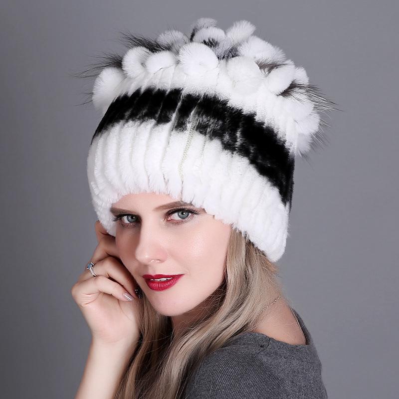Colorful Rex Rabbit Fur Knitted Women's Warm Winter Hat