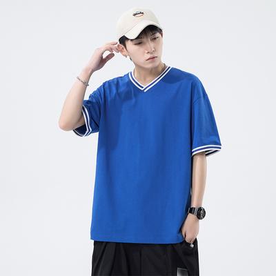 Summer Heavyweight Short Sleeved T-shirt, Men's Trendy V-neck, Pure Cotton, Solid Color, Half Sleeved Base Shirt, Men's Clothing