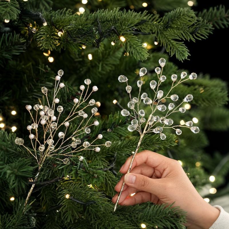 Transparent Bead Crystal Tree Branches Shape Glitter Finish Christmas Tree Ornament Sparkling Effect Lifelike Style