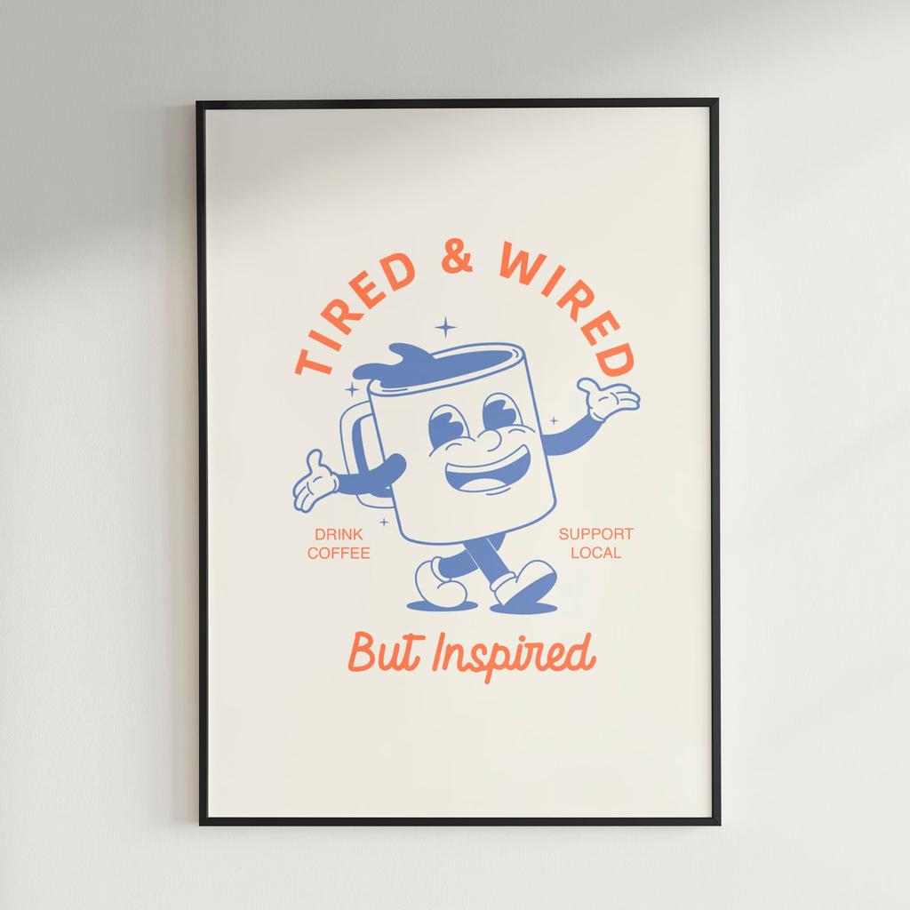 Tired and Wired Retro Coffee Canvas Print Funny Mascot Kitchen Wall Art Poster for Modern Living Room Bedroom Home Decor Gifts