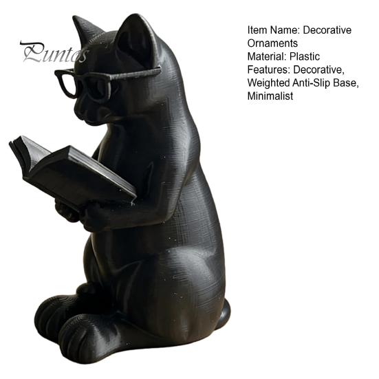 Décoration Chat de Bureau Figurine de Lecture Imprimée en 3D, Ornement Décoratif avec Base Lestée Antidérapante, Statue Intellectuelle à Texture Haut de Gamme Lunettes