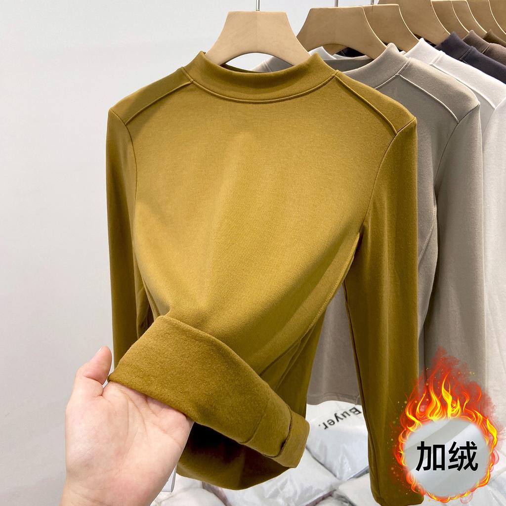 Fleece polished small stand-up neck bottoming shirt women's spring fishbone front shoulder slim-fitting long-sleeved T-shirt with top inside