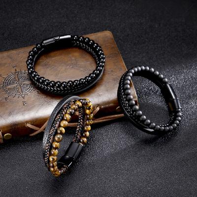 Stainless Steel Tiger Eye Stone Bracelet Men's Hand-woven Agate Beaded Casual Daily Wear Fashion Personality Hand Jewelry