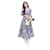 2025 Korean Retro Floral Waist-Slimming Purple Dress with Bubble Sleeves