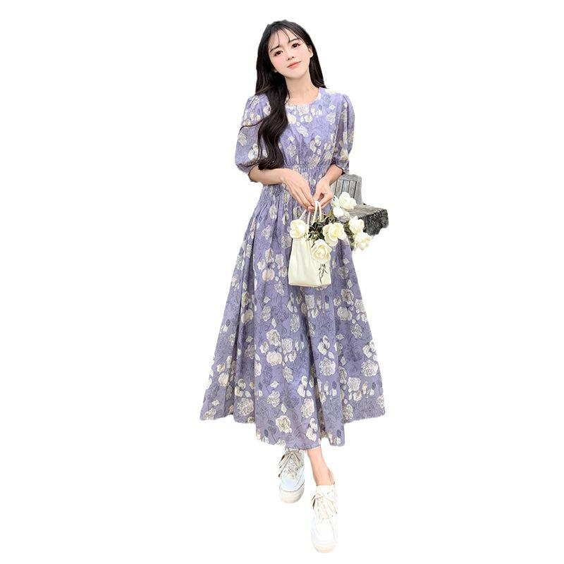 2025 Korean Retro Floral Waist-Slimming Purple Dress with Bubble Sleeves