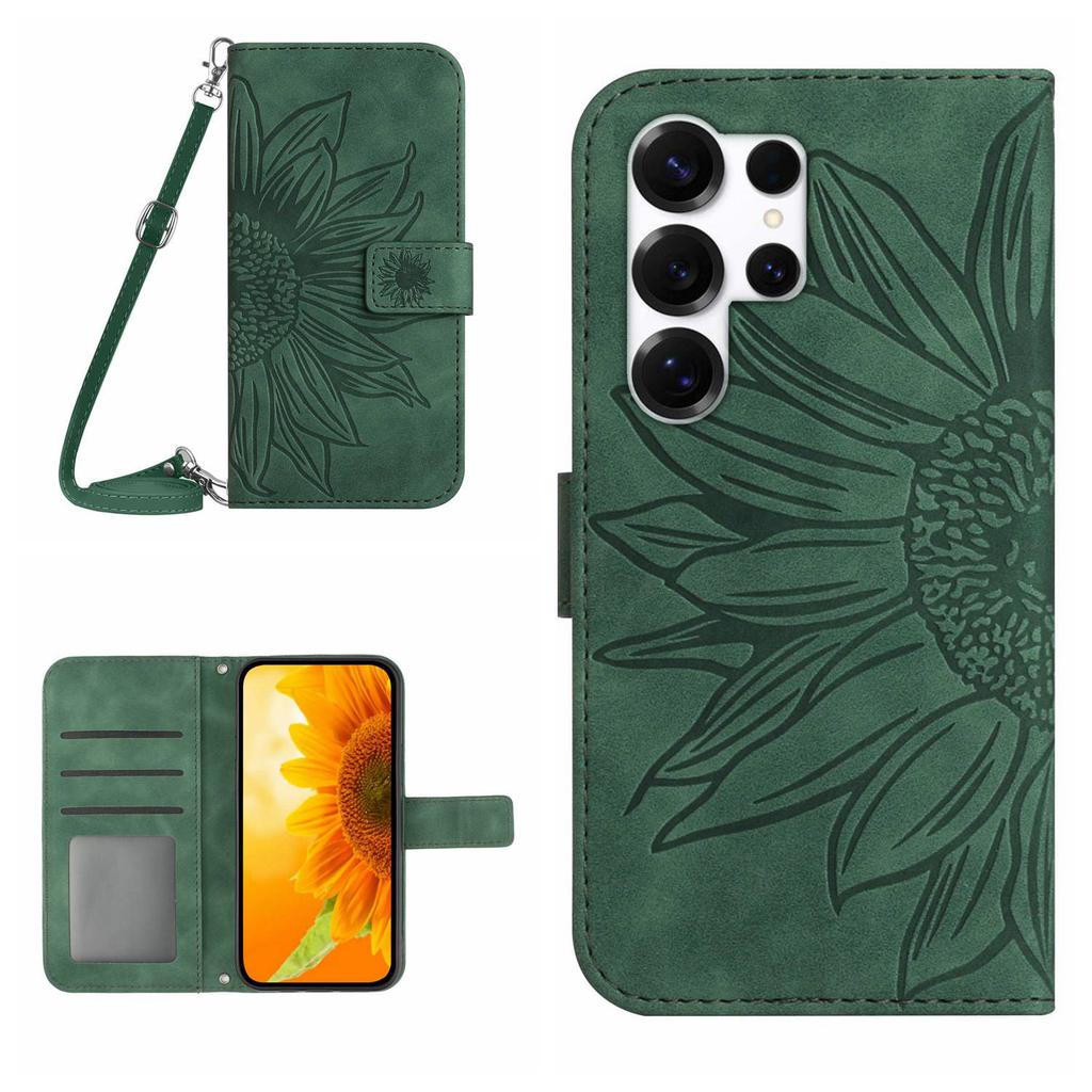 For Samsung Galaxy S26 Ultra Wallet Case Sunflower Imprinted PU Leather Phone Stand Cover with Shoulder Strap