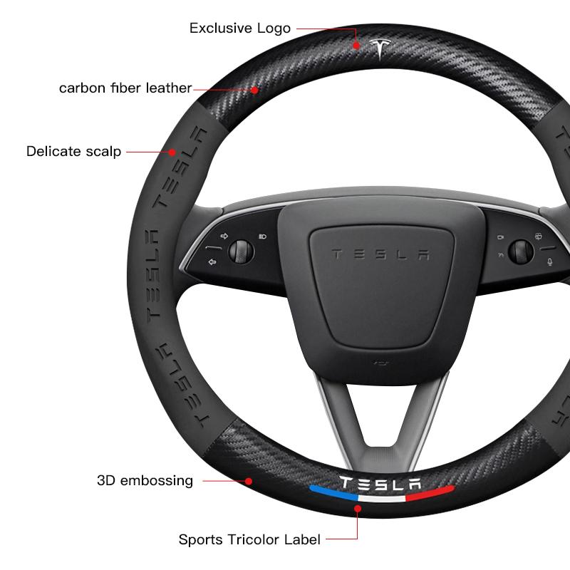 ANE1 Leather Car Steering Wheel Cover Protection Case Anti Slip Breathable Protector For Tesla Model 3 Highland 2023 Model S Model X