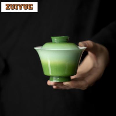 135ml Gradient Ramp Emerald Green Horseshoe Gaiwan Vintage Tea Tureen Tea Bowl With Lid Kit Tea Maker Cover Bowl Tea Items Craft