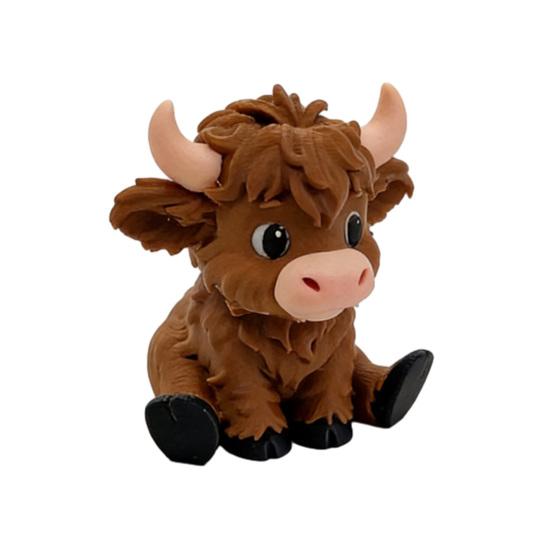Mini Niedliche Hochlandrind Figur 3D Gedruckt Cartoon Sitzendes Rind Statue Sammler Tier Ornament für Zuhause Büro Schreibtisch Regal Dekor