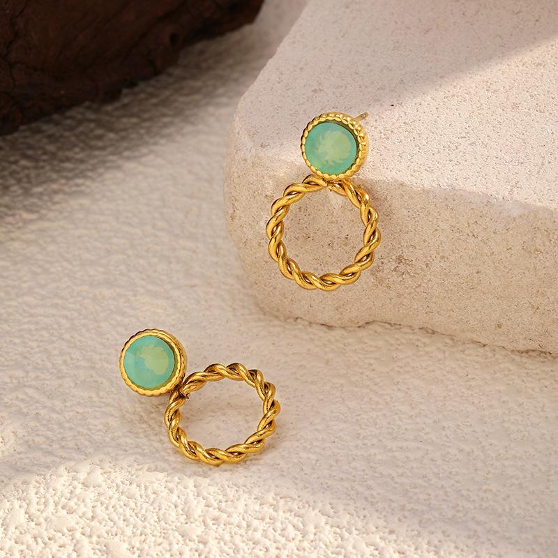 Popular turquoise titanium steel stud earrings light luxury high-end round stainless steel stud earrings electroplated 18K gold stud earrings