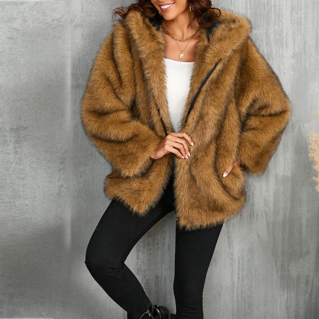 Women's Comfortable Hooded Faux Short Coat Top Plush Warm Coat