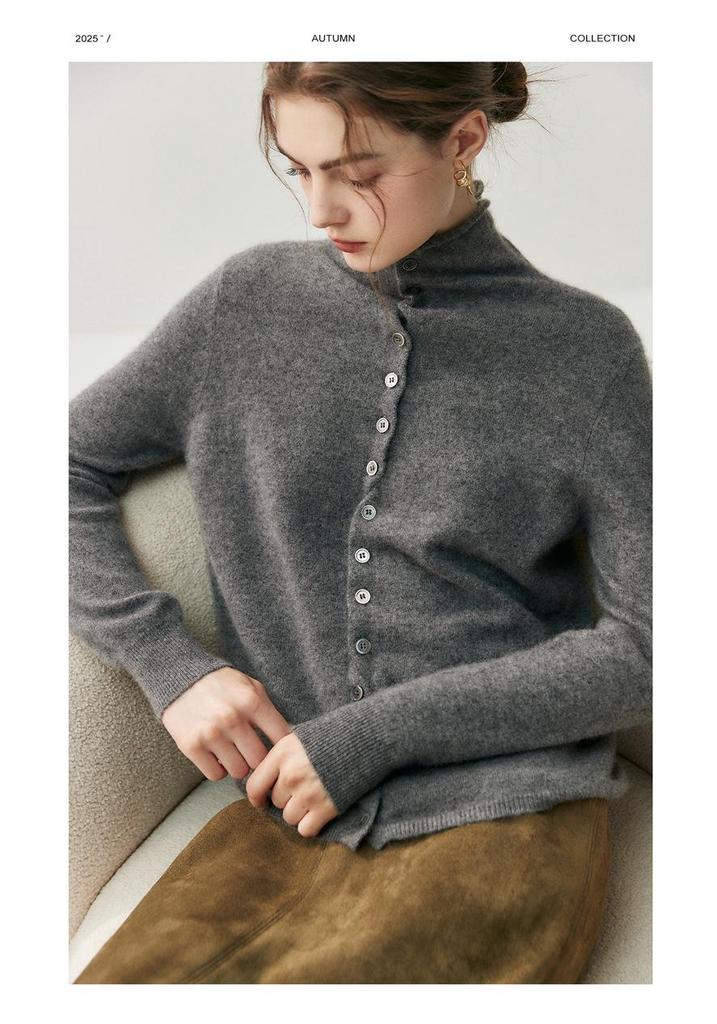 Damen Kaschmir-Strickjacke mit gerolltem Saum - Herbst/Winter Neuheit; Weicher, vielseitiger einreihiger Rollkragenpullover mit mehrknöpfigen langen Ärmeln