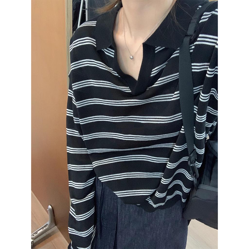 Vintage lazy wind polo collar loose striped knitted sweater women's spring and autumn new casual long-sleeved top