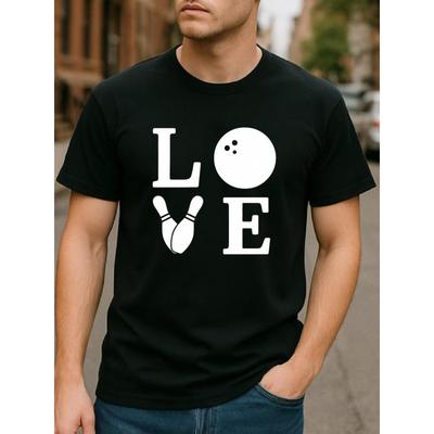 Europäische Größen Bowling-Element „LOVE“ Bedrucktes Kurzarm-T-Shirt, Geeignet für Outdoor-Sportarten und Wochenend-Freizeitkleidung