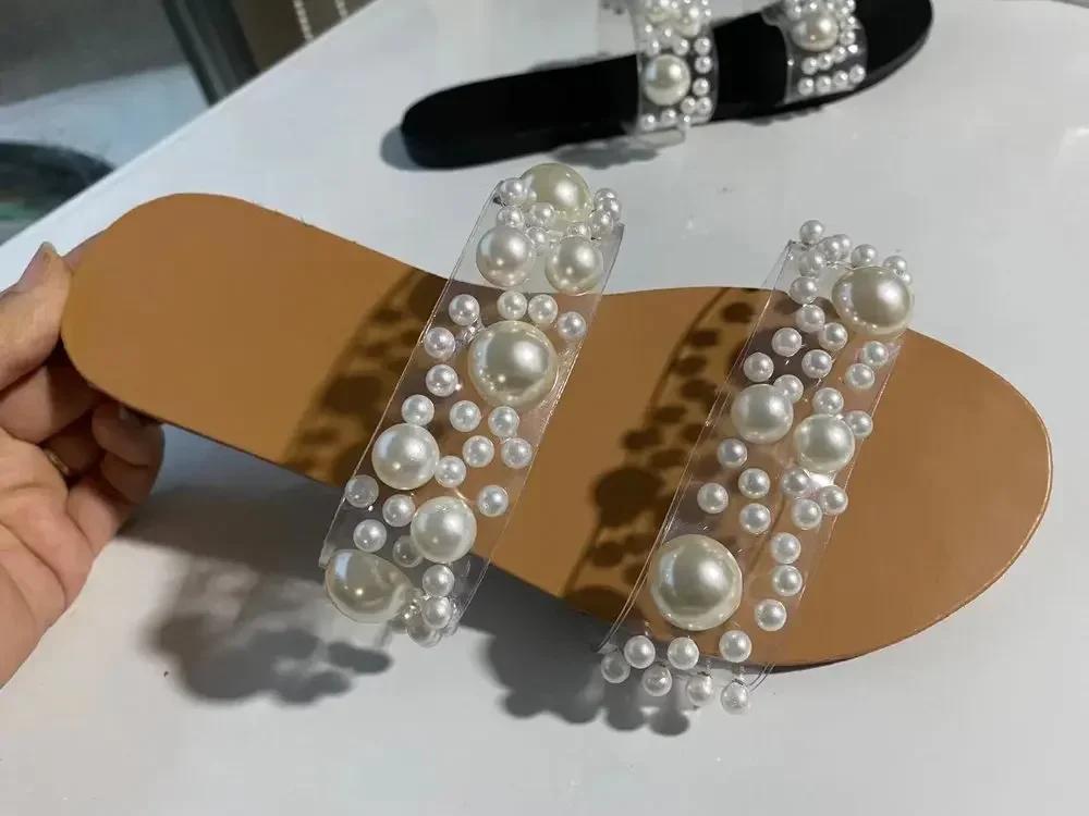 Fashion Big Size 43 Slippers for Women's Shoes Summer New Transparent Band Pearl One Word Strap Flat Sandals Casual Slides