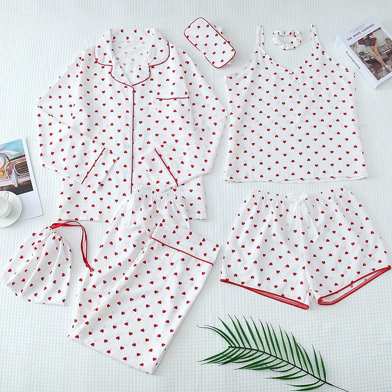 Parent-Child Matching Cotton Pajamas Set - Women's Tank Top & Shorts with Children's 7-Piece Homewear.