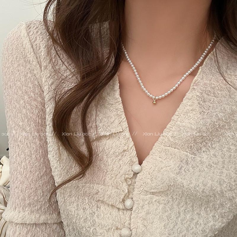 Minimalist Japanese & Korean Pearl Necklace with Gold Pendant - French Retro Style for Women