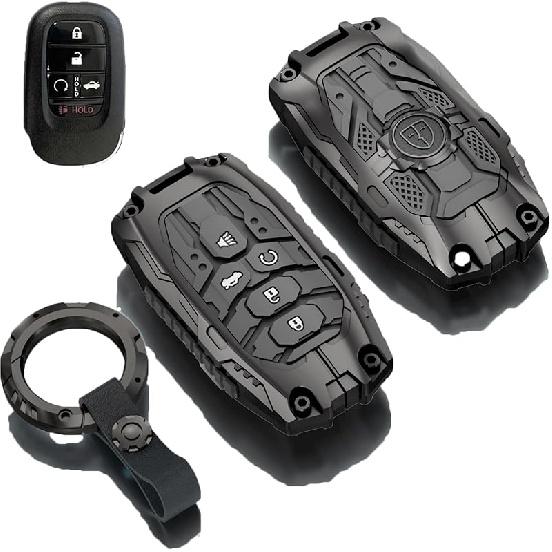 Heavy Metal Key Fob Cover For Honda With Keychain, Key Fob Case Protection For Honda   2024 Civic Accord HR-V Pilot CR-V,5 Buttons Key Fob B-Model-Black