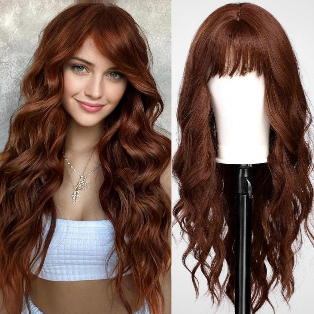 Cross-Border Water Wave Wigs European American Women's Fashionable Synthetic Hair Wig Brown Gradient Color Bangs Long Curly Hair