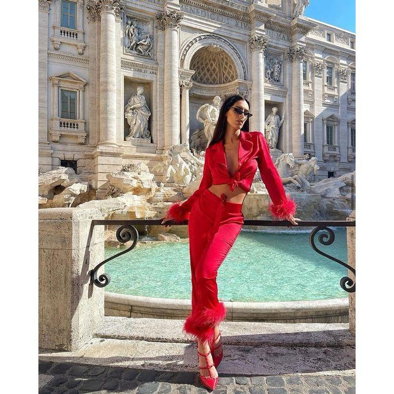 European and American Cross-Border Fashion Feather Cuff Pajamas Set Long Sleeve Trousers Lapel Pocket Home Wear Two-piece Set Suit