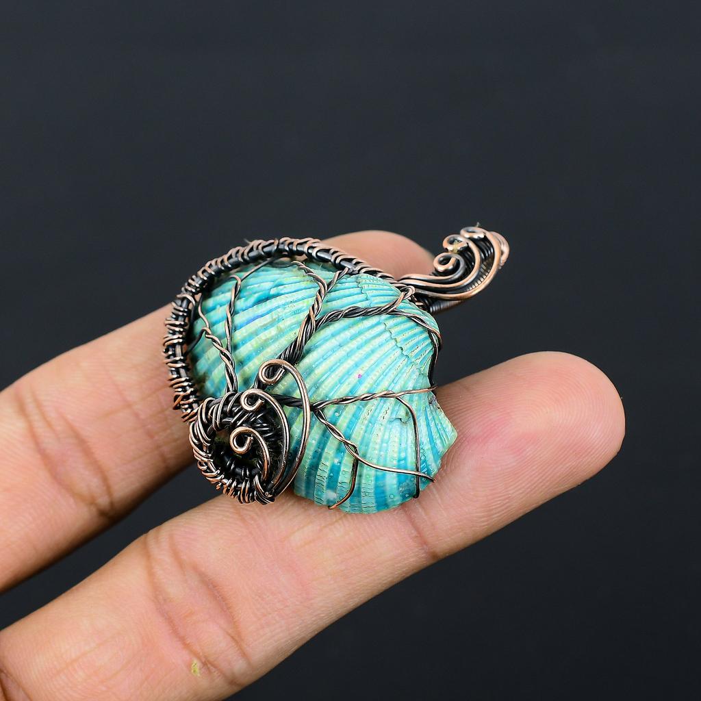 Natural Aqua Titanium Shell Stone Handmade Copper Wire Wrap Pendant 1.77" E7s81