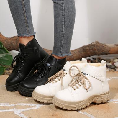 New Winter Outdoor Velcro Waterproof Plush Martin Boots Women's Short Front Lace-up Platform Snow Boots