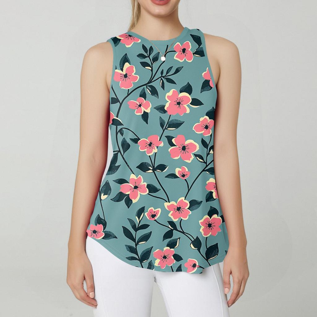 Débardeur sans manches à col rond et imprimé floral rétro pour femme, polyvalent, avec ourlet ample