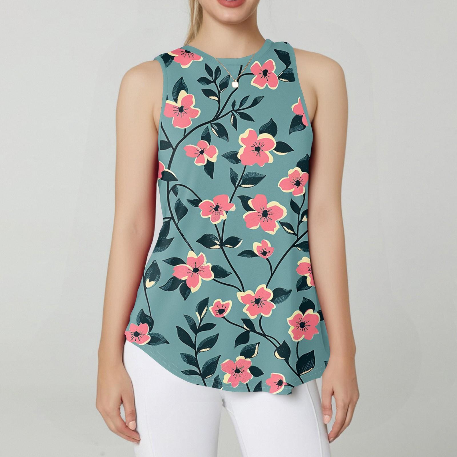 

Женская круглая горловина с ретро-цветочным принтом жилет универсальный свободный подол без рукавов футболка топ XL циан