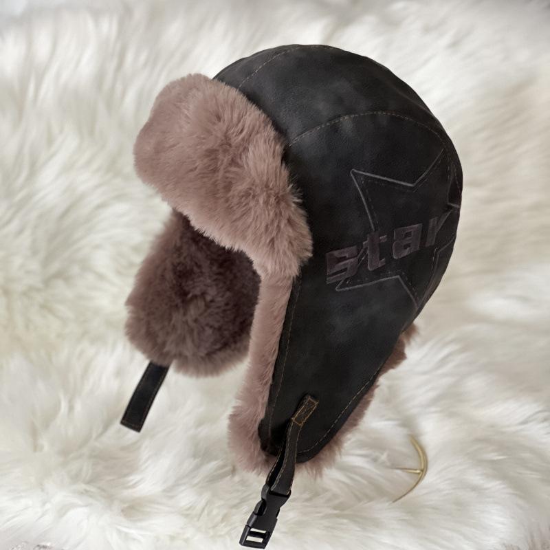 Matte leather outdoor locomotive Lei Feng hat winter thickened warm pu leather ear protection hat windproof snow pilot hat tide