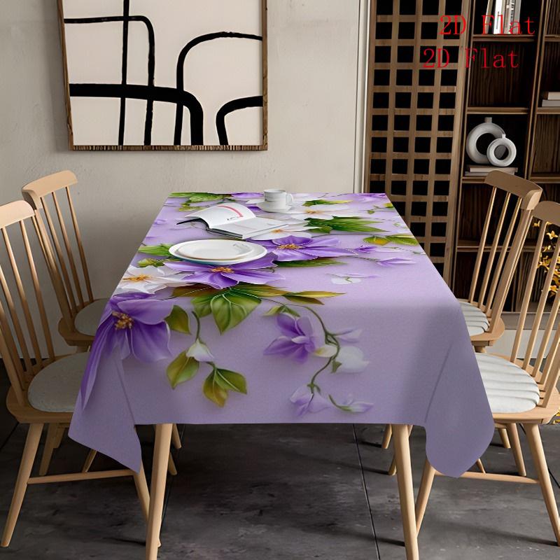 2D Flat 1pc - Purple And White Floral Tablecloth, Fresh And Elegant Style, Made of Polyester, Suitable for Home, Kitchen, Dining Room, Parties, Holida