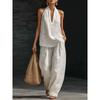 Cotton Linen Blend Sleeveless Pantsuit With Patching For Casual Women Spring Summer