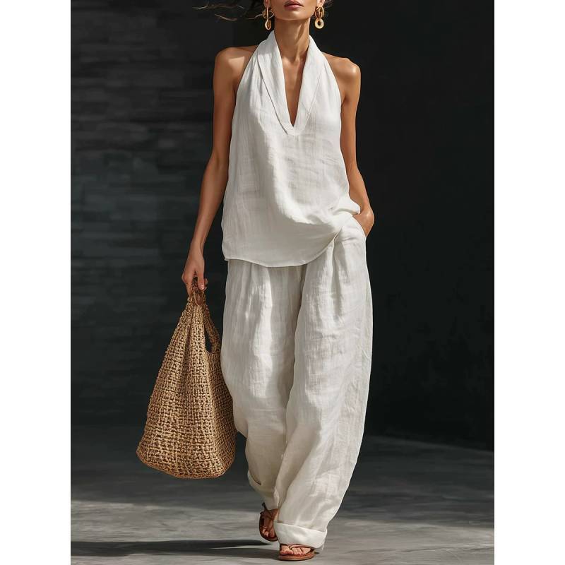 Cotton Linen Blend Sleeveless Pantsuit With Patching For Casual Women Spring Summer